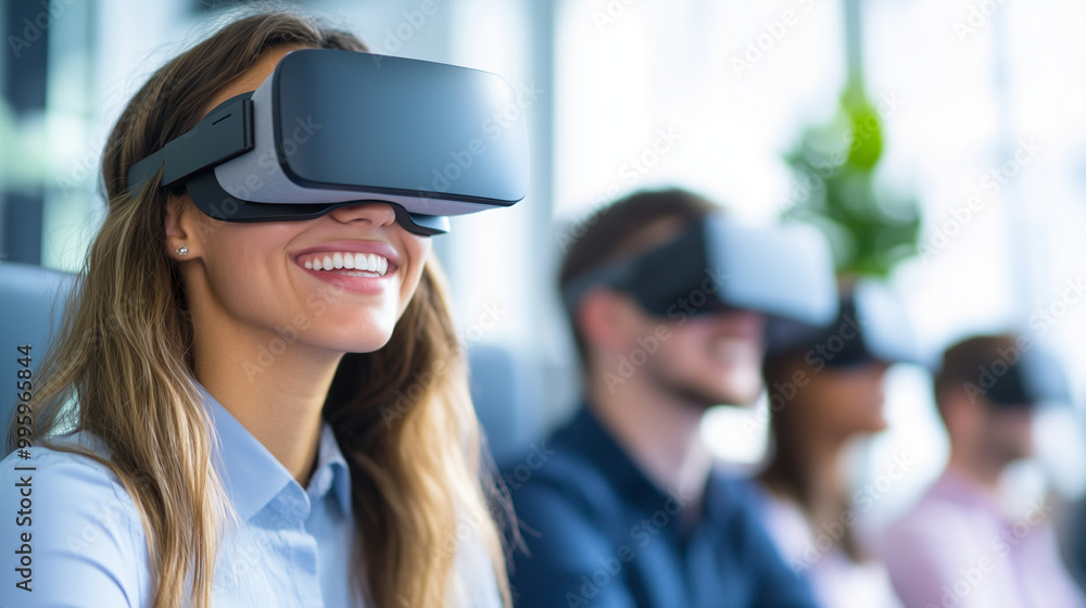 Smiling young coworkers participating in a virtual reality team exercise embracing new technologies, diverse coworkers, young business people, innovation Smiling young coworkers participating in a virtual reality team exercise embracing new technologies, diverse coworkers, young business people, innovation
