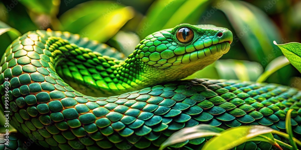 Fototapeta premium Coiled amidst lush emerald-green foliage, a venomous viper bush snake blends in, its glistening scales reflecting the sun's warm touch.
