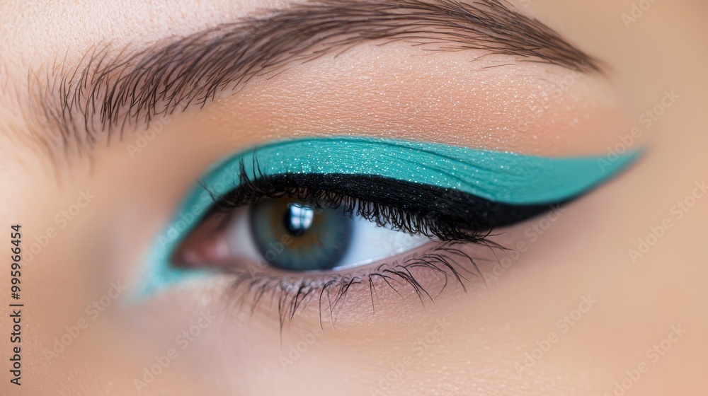 Obraz premium An artistic layout of bold Skylight Blue eyeliner swatches paired with shimmering Cybergem eyeshadows and Escapist Green blush for a radiant look.