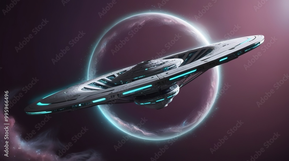 Futuristic Spaceship Flying Past a Glowing Planet Ring Futuristic Spaceship Flying Past a Glowing Planet Ring
