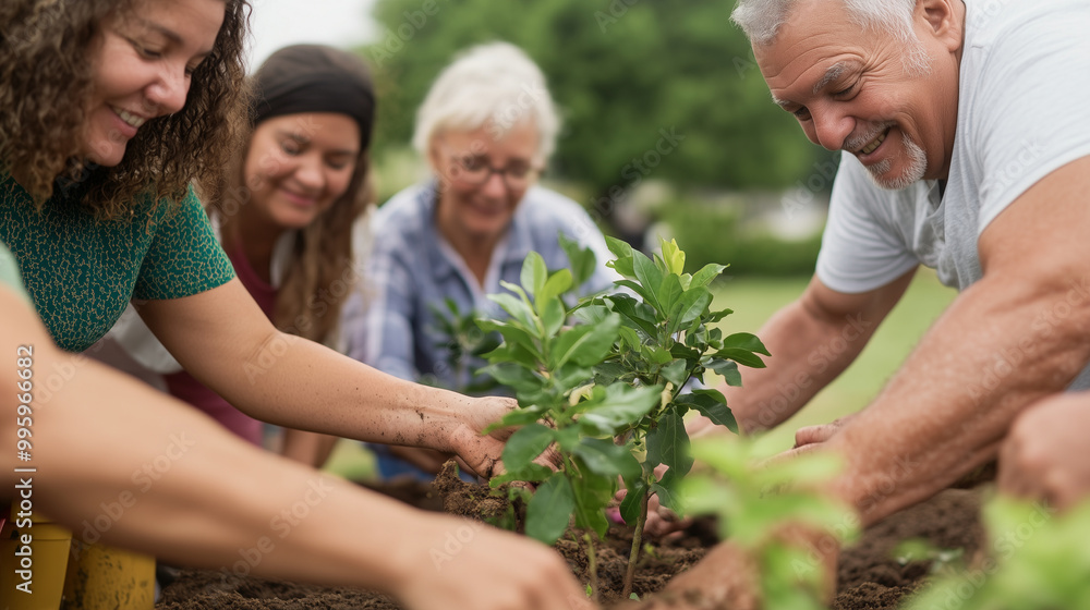 Diverse group of people of all ages and abilities planting trees together in a community park, smiles, unity, harmonious interaction, diversity, community, environmental stewardshi Diverse group of people of all ages and abilities planting trees together in a community park, smiles, unity, harmonious interaction, diversity, community, environmental stewardshi