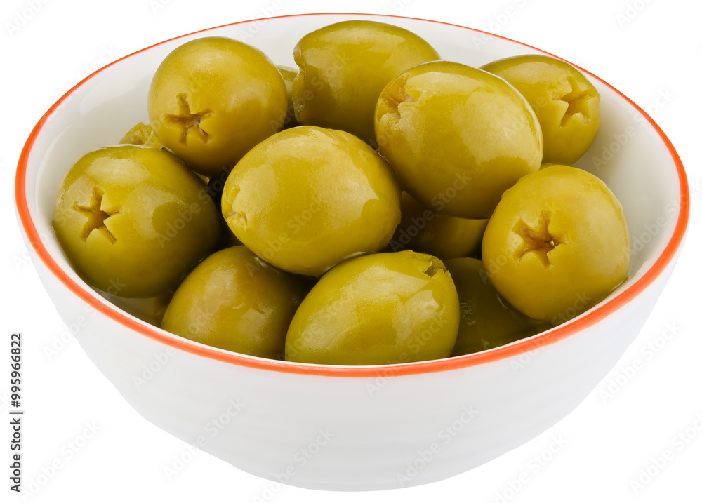 Bowl green natural pitted olives preserved isolated on a transparent background. Completely in focus. Bowl green natural pitted olives preserved isolated on a transparent background. Completely in focus.