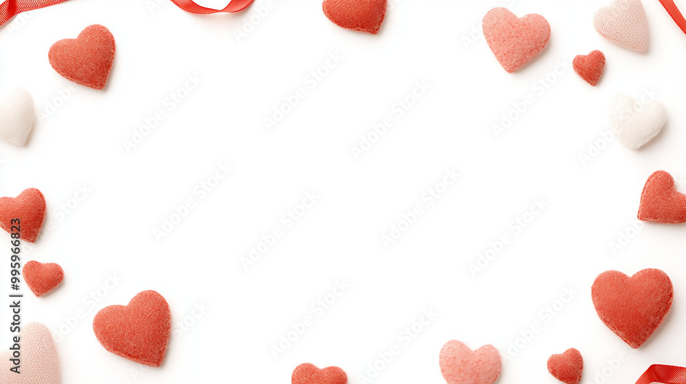 Fototapeta premium Romantic border with red and pink hearts on white.