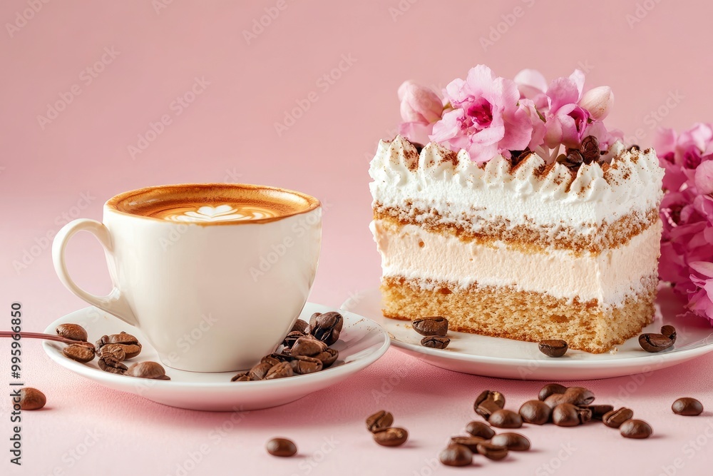 Dalgona coffee and cake on a pink background with generative ai Dalgona coffee and cake on a pink background with generative ai