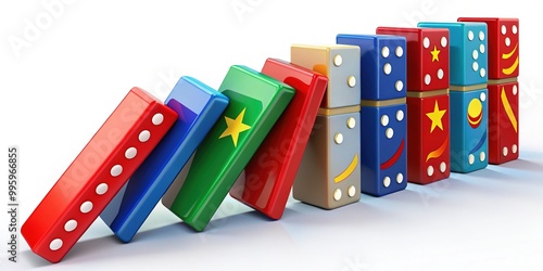 Colorful cartoon illustration depicting a row of falling dominos, each representing a country, to symbolize the spread of communism during the Cold War era.