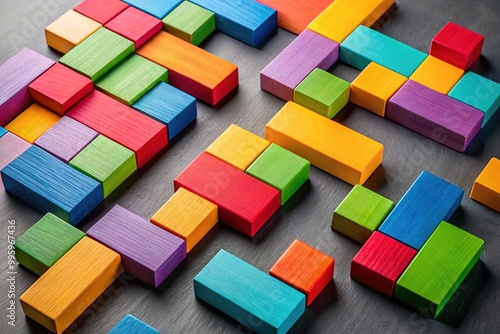 Colorful rectangular blocks of varying sizes and orientations hover above a darker background, awaiting placement in a puzzle game, highlighting spatial reasoning and problem-solving skills.
