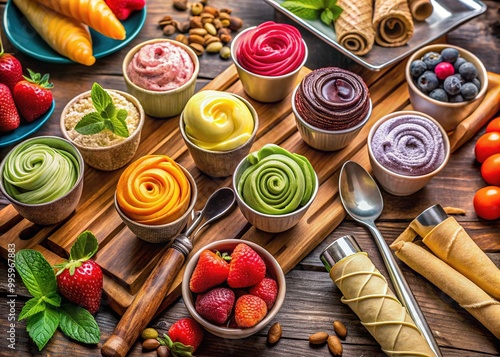 Colorful rolled ice cream treats on a modern wooden table surrounded by metallic utensils, fresh fruits, and sweet toppings in a trendy dessert setup. photo