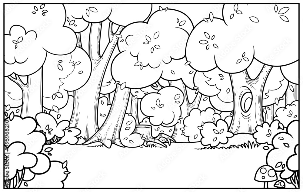 Old fairy tale forest with glade outlined for coloring page isolated on white horizontal background Old fairy tale forest with glade outlined for coloring page isolated on white horizontal background