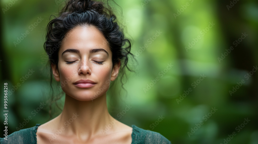 Naklejka premium Woman meditating in a serene forest setting, eyes closed, surrounded by nature, mental health, relaxation, mindfulness