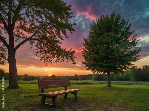 A peaceful park scene with a wooden bench in the foreground