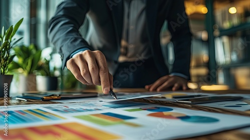 Businessman Analyzing Financial Charts and Data with a Pen