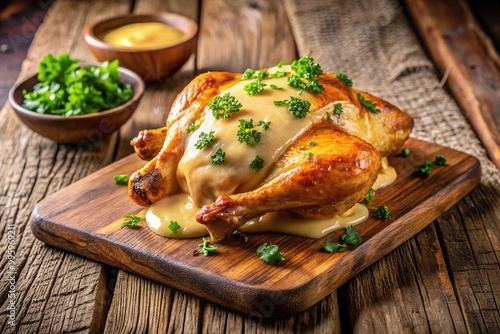 Crispy-skinned golden-brown roasted chicken smothered in rich, creamy, and tangy catupiry cheese sauce, garnished with fresh parsley, on a rustic wooden cutting board. photo