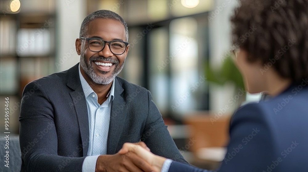 A smiling man in a suit shakes hands with a blurry person. A smiling man in a suit shakes hands with a blurry person.