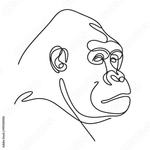 A drawing of a gorilla with a smile on its face. The drawing is in black and white and is a simple line drawing. The gorilla's expression is happy and playful