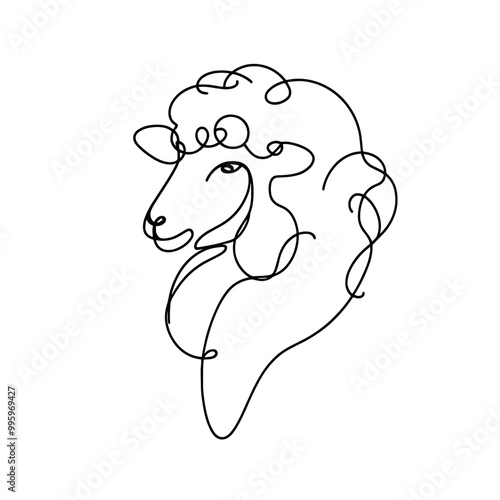 A stylized drawing of a sheep with a curly mane. The sheep has a big, open mouth and is looking at the camera. The drawing is in black and white and has a simple, elegant style