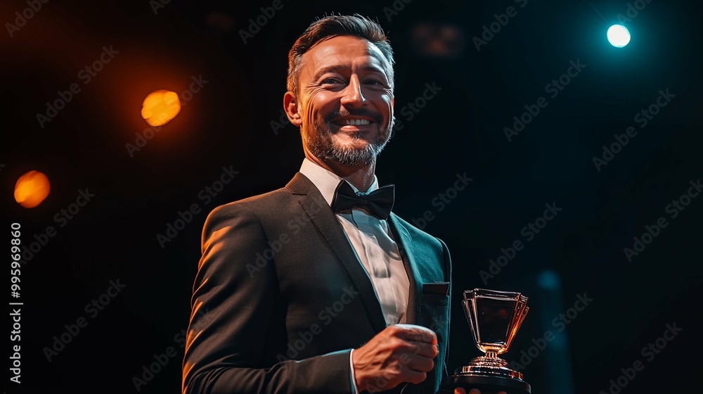 A Man in a Tuxedo Holding an Award on Stage A Man in a Tuxedo Holding an Award on Stage