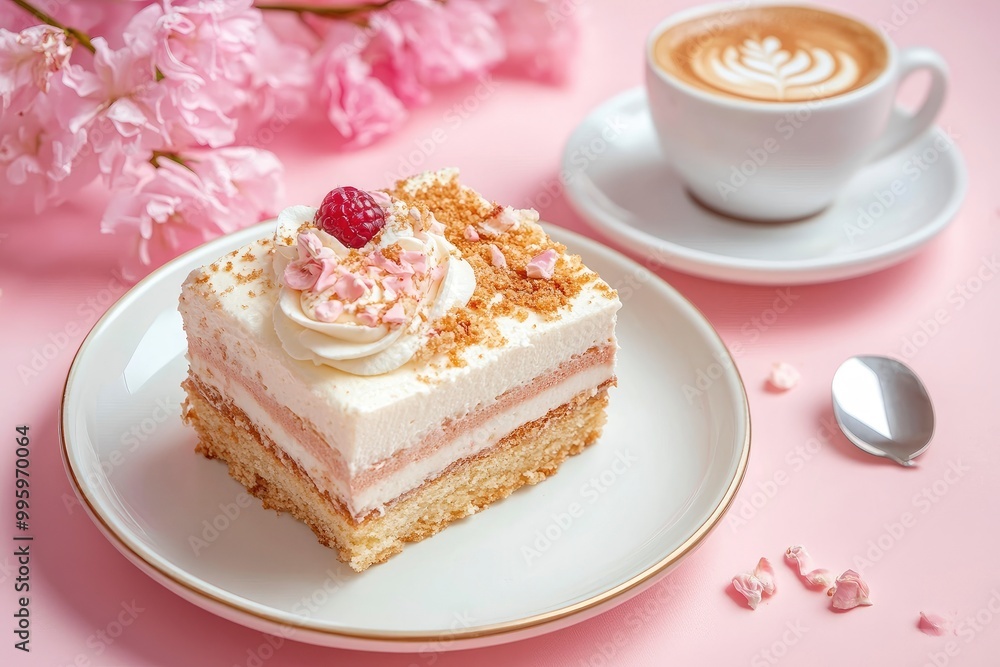 Dalgona coffee and cake on a pink background with generative ai Dalgona coffee and cake on a pink background with generative ai
