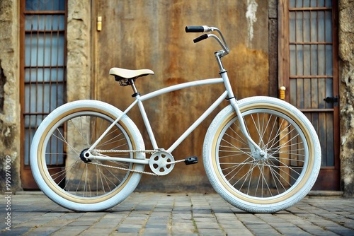 Custom bicycle designed for a unique ride, featuring an extended front fork and handlebars for improved control, paired with a low-ground clearance and wide whitewall tires. photo