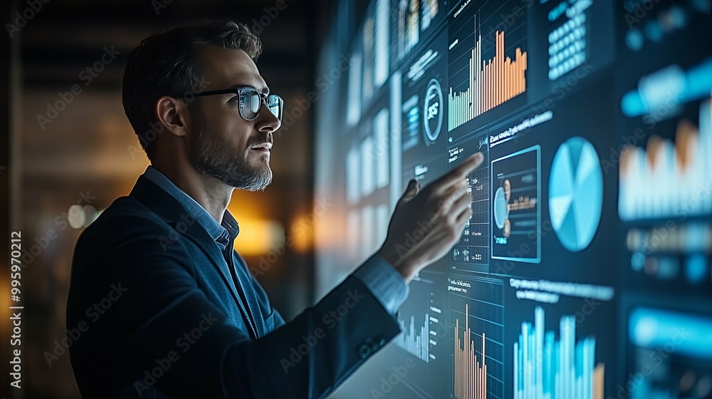 Businessman Analyzing Data on a Large Interactive Screen Businessman Analyzing Data on a Large Interactive Screen