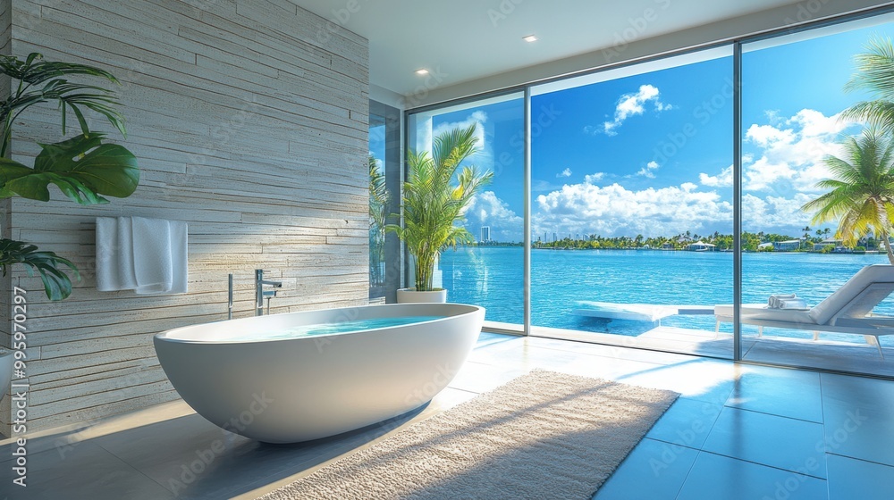 Fototapeta premium luxury coastal living, luxurious modern home with waterfront views, a freestanding tub, and a sleek bathroom embodies lavish coastal living