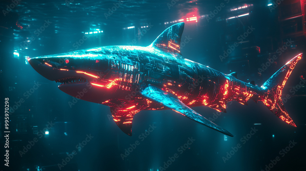 Cyberpunk Great White Shark With Futuristic Red Neon Lighting Glowing In Dark Ocean Cityscape Cyberpunk Great White Shark With Futuristic Red Neon Lighting Glowing In Dark Ocean Cityscape