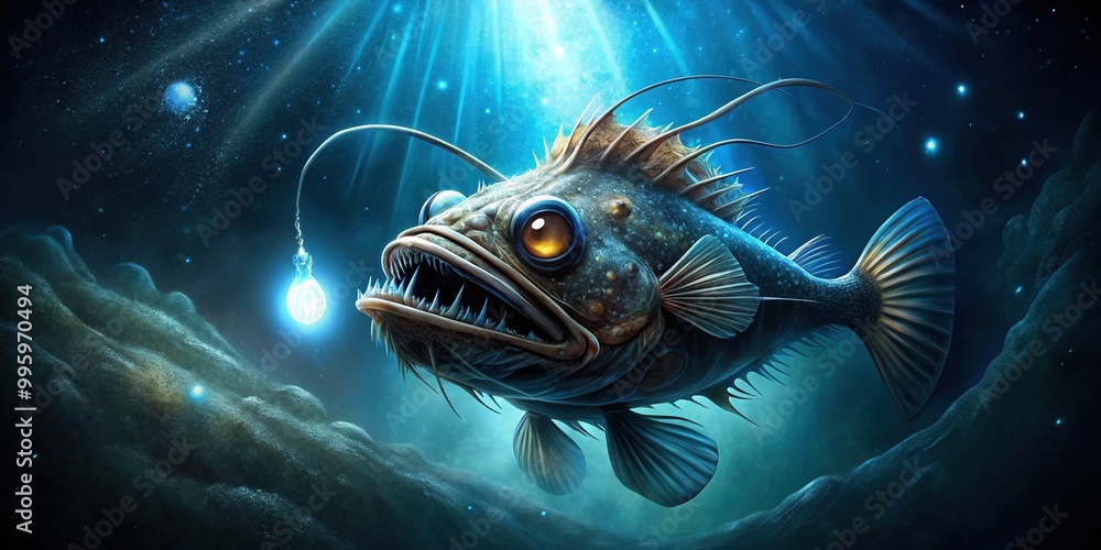 Deep-sea anglerfish with bioluminescent lure on head swims through dark, mysterious ocean waters, illuminated only by faint blue glow of surrounding marine life. Deep-sea anglerfish with bioluminescent lure on head swims through dark, mysterious ocean waters, illuminated only by faint blue glow of surrounding marine life.