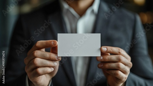 A Man in a Suit Holding a Blank White Card