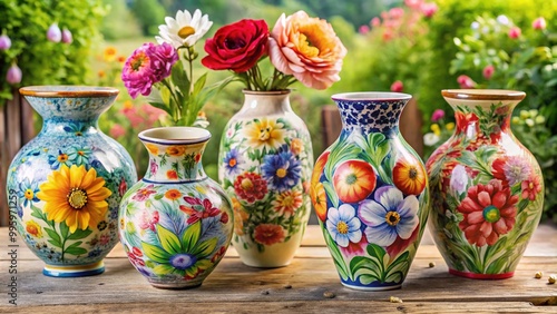 Delicate, vibrant hand-painted flowers adorn exquisite ceramic vases, showcasing intricate brushstrokes and whimsical designs, perfect for spring or summer decorative still-life settings. photo