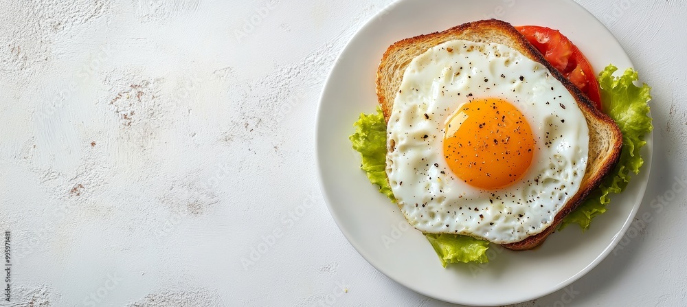 Tasty fried egg with yolk on toasted bread, fresh lettuce and tomato slices on plate, top view Tasty fried egg with yolk on toasted bread, fresh lettuce and tomato slices on plate, top view