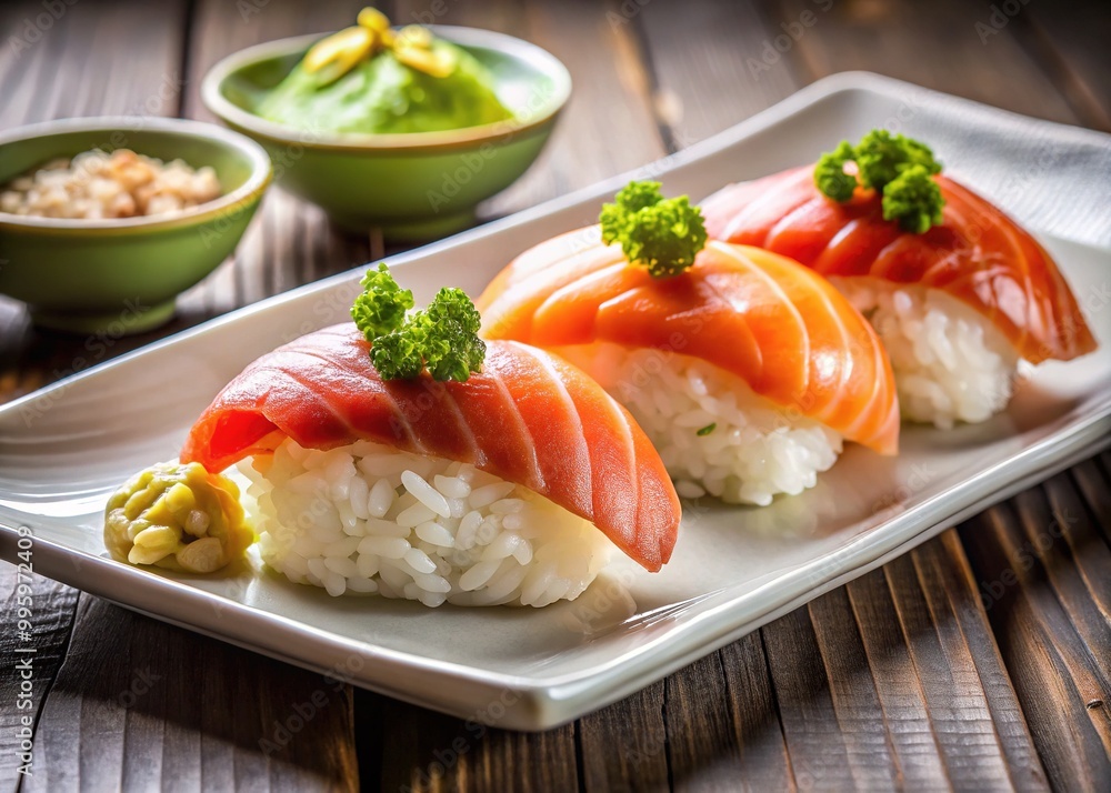 Delicate nigiri sushi rests on a crisp white plate, topped with fresh raw fish, precision-plated to balance flavors and textures with wasabi and ginger accents. Delicate nigiri sushi rests on a crisp white plate, topped with fresh raw fish, precision-plated to balance flavors and textures with wasabi and ginger accents.