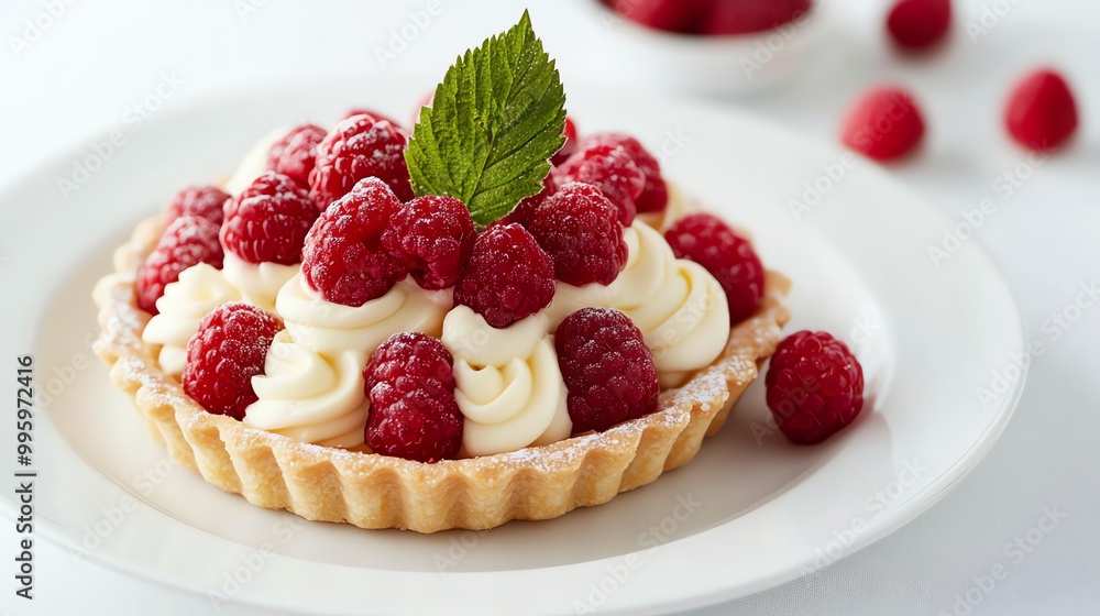 A tart filled with whipped cream and topped with fresh raspberries. A tart filled with whipped cream and topped with fresh raspberries.