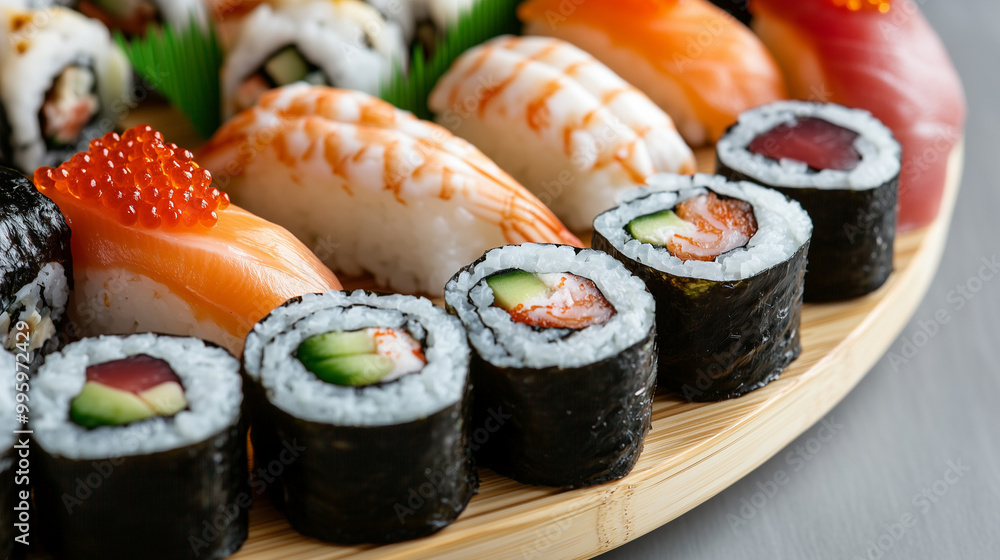 Diverse selection of sushi rolls displayed on a bamboo platter Japanese cuisine, culinary arts, food styling, sushi Diverse selection of sushi rolls displayed on a bamboo platter Japanese cuisine, culinary arts, food styling, sushi