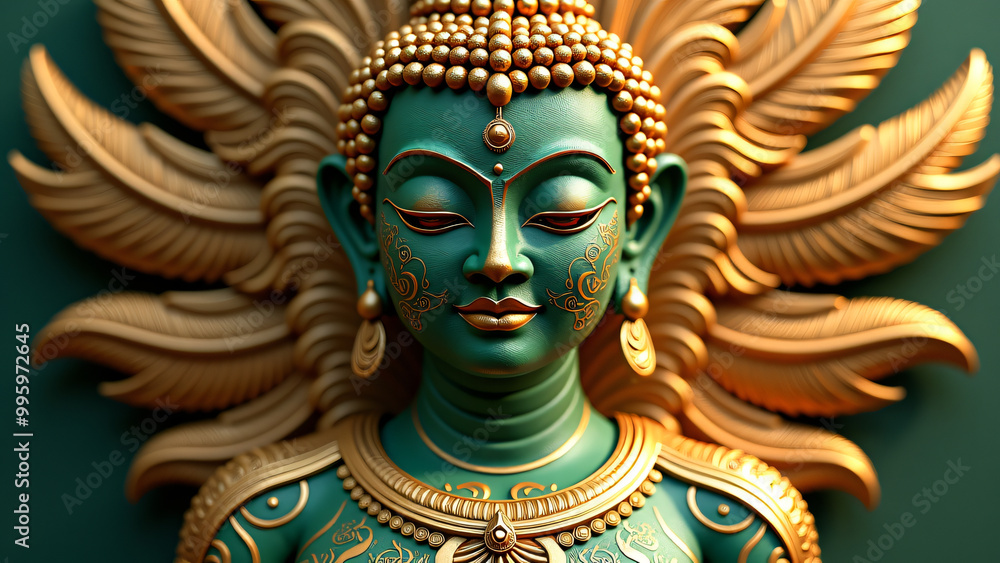 Fototapeta premium Golden buddha statue with intricate carvings, serene expression, and peaceful aura