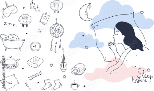 Sleep hygiene infographics. Collection of png icon for health sleeping.  Doodle line art vector hand drawn set illustration. insomnia, Healthy sleep tips. rituals for good sleep. Evening routine