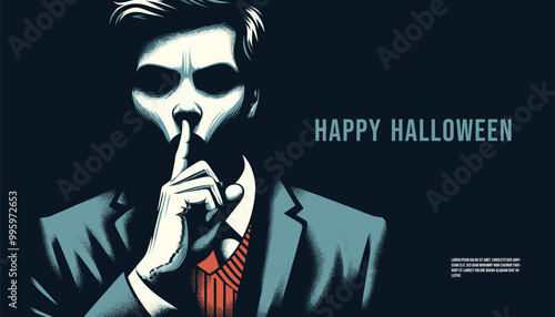 halloween poster with a mysterious creepy man in secret hush pose gesture flat design