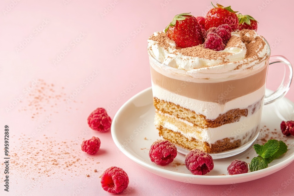 Dalgona coffee and cake on a pink background with generative ai Dalgona coffee and cake on a pink background with generative ai