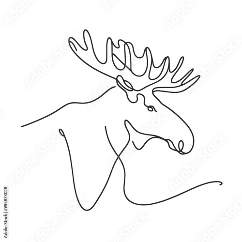 A white line drawing of a moose with a large antlers. The drawing is simple and elegant, with the focus on the animal's features. Concept of strength and power, as well as a connection to nature