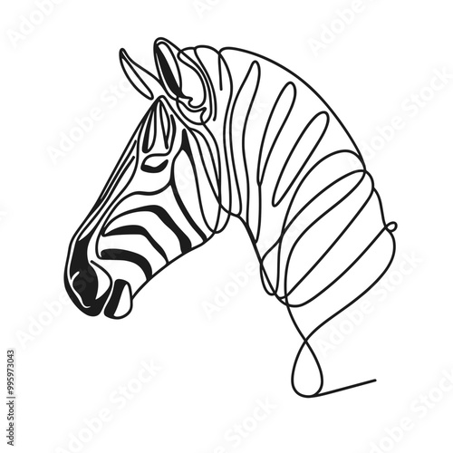 A zebra is drawn in a line drawing style. The zebra has a black nose and white stripes