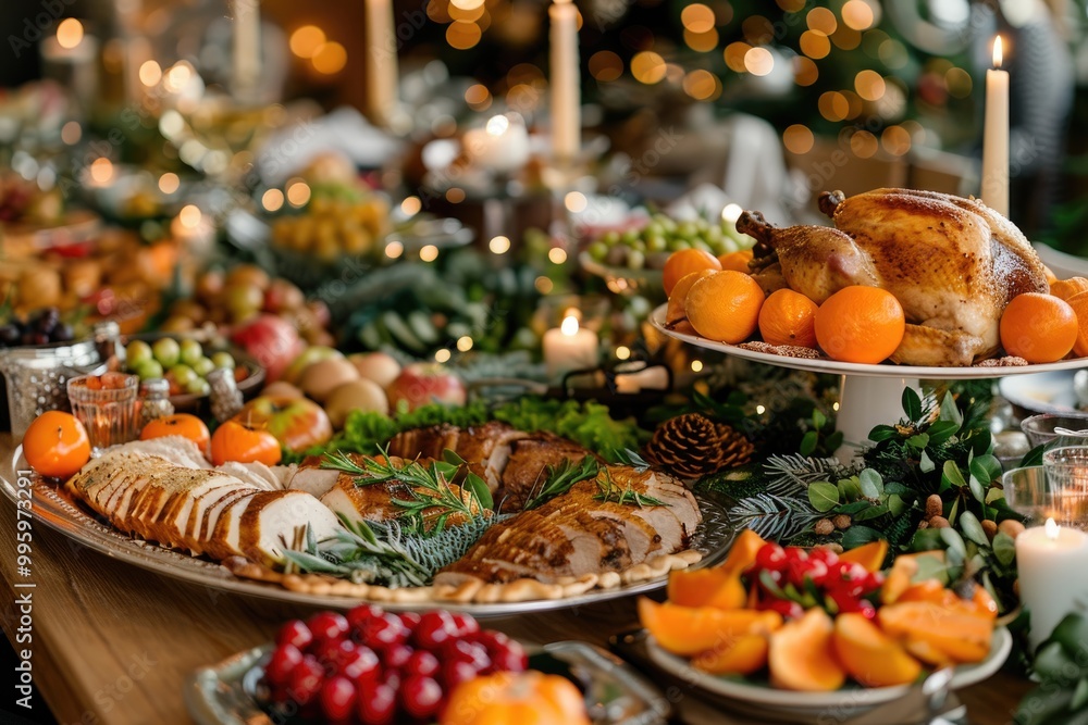 Festive Holiday Feast with Roasted Turkey, Fresh Fruits and Vegetables, and Elegant Lighting Festive Holiday Feast with Roasted Turkey, Fresh Fruits and Vegetables, and Elegant Lighting
