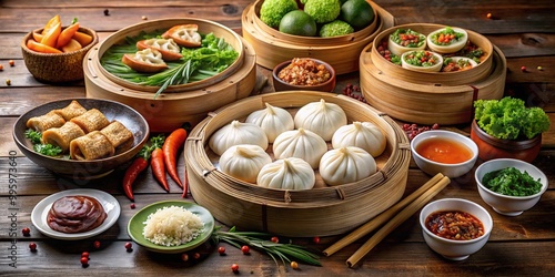 Delicately arranged breakfast spread combines steamed buns, dim sum, and cured meats on wooden table alongside fresh vegetables and fragrant herbs. photo