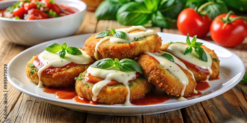 Delicious Italian-style breaded and fried zucchini cutlets topped with melted mozzarella cheese and marinara sauce, served on a white ceramic plate. Delicious Italian-style breaded and fried zucchini cutlets topped with melted mozzarella cheese and marinara sauce, served on a white ceramic plate.