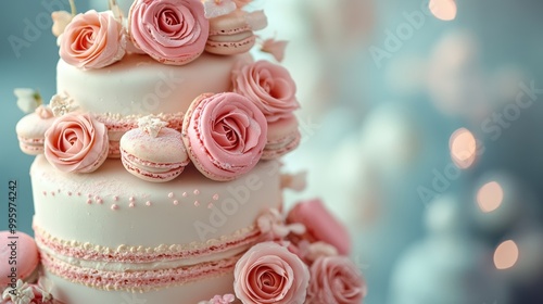 a multi-tiered wedding cake decorated with pastel macarons and roses, creating a delicate and charming decor concept banner for a wedding