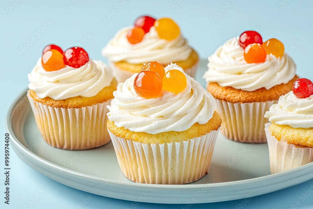 Delicious baked cupcakes topped with sweet white frosting decorated with candied fruits served on plate on blue background in studio with generative ai Delicious baked cupcakes topped with sweet white frosting decorated with candied fruits served on plate on blue background in studio with generative ai