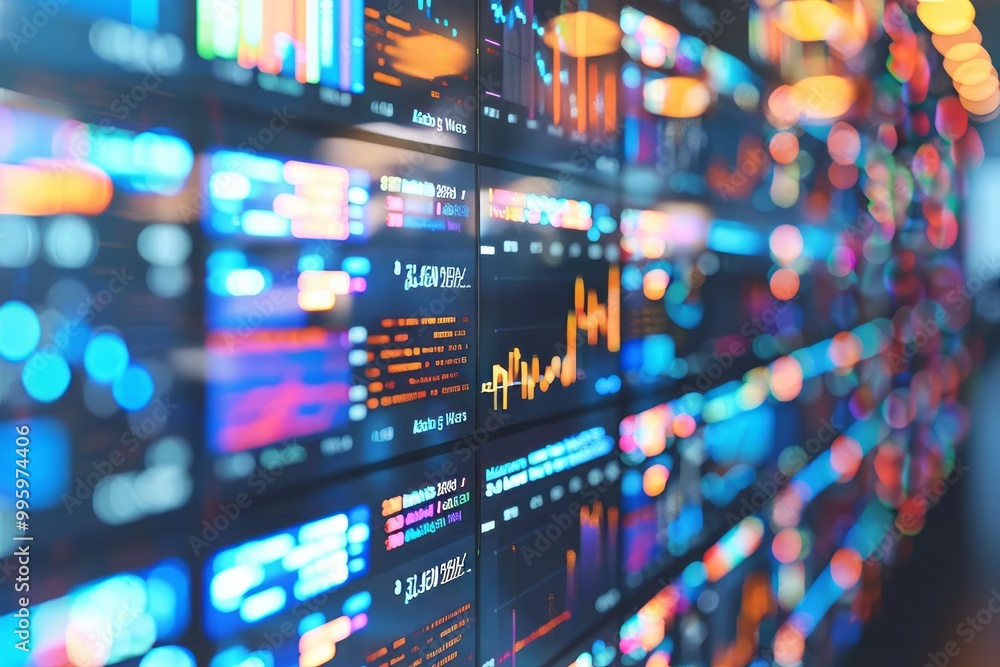Fototapeta premium Pan across the digital screens displaying real-time bidding information, illustrating the transparency and efficiency of modern auction technology. , background blur