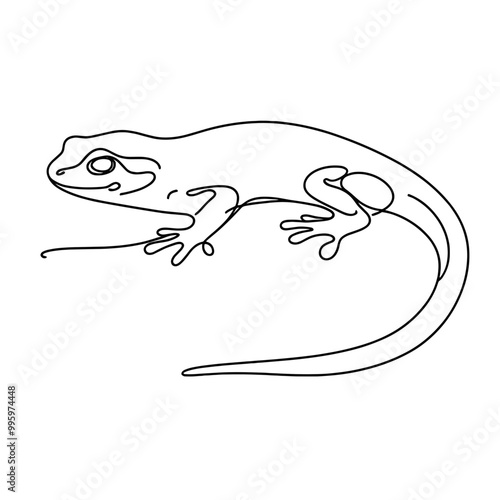 A lizard is shown in a black and white drawing. The lizard is sitting on a branch and he is looking at the camera. The drawing is simple and clean, with only the outline of the lizard