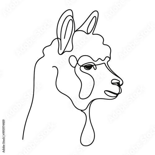 A white line drawing of a llama with a black nose and black ears. The drawing is simple and minimalistic, with the focus on the animal's features. Concept of calm and serenity