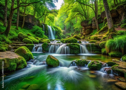 Emerald-green waters cascade 20 feet over moss-covered rocks among native Oklahoma trees, surrounded by lush greenery and tranquil waters, meandering through rocky banks.