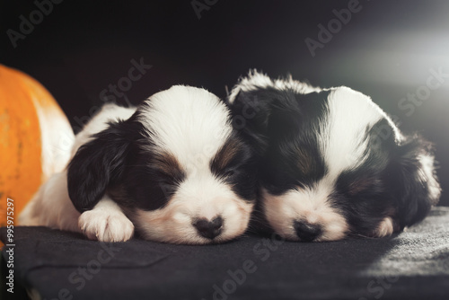 Two puppies are sleeping on a black surface