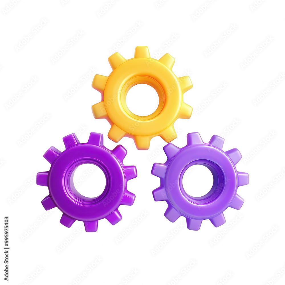 Three colorful plastic gears in vibrant purple and yellow against a black background, ideal for educational or playful settings. Three colorful plastic gears in vibrant purple and yellow against a black background, ideal for educational or playful settings.