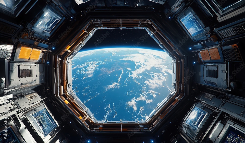 looking out of the window in space station with earth visible through it looking out of the window in space station with earth visible through it